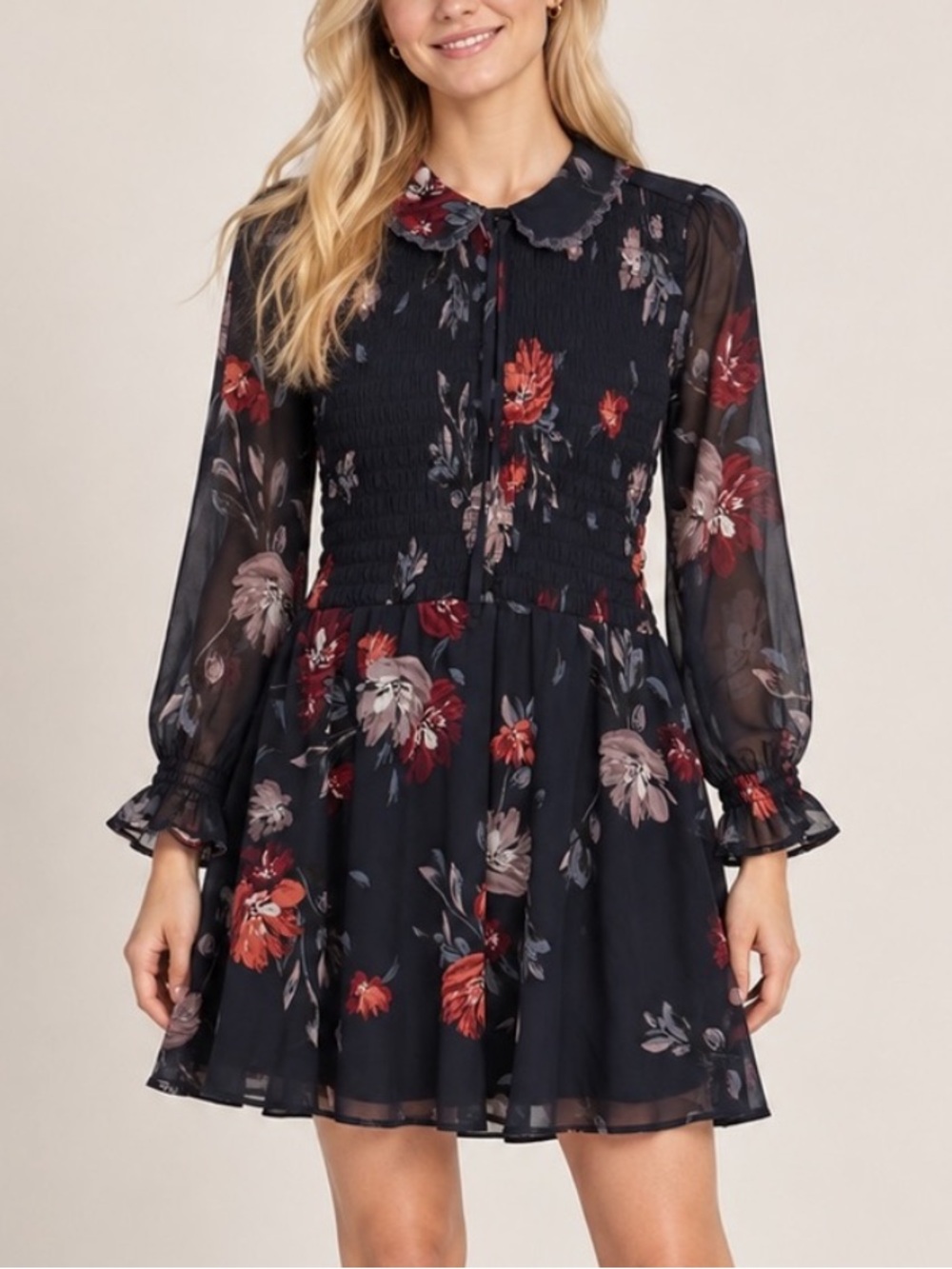 Abercrombie & Fitch Navy Floral Smocked Chiffon Mini Dress Small 6118